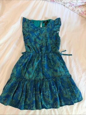 Aqua Teal & Blue Swirl Ruffle Waist Tie Kids Dress